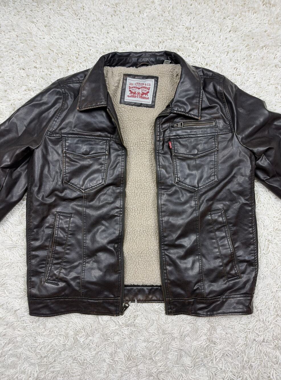 Levi's Faux Leather Sherpa Lined Trucker Jacket Mens Medium Brown Distressed Zip